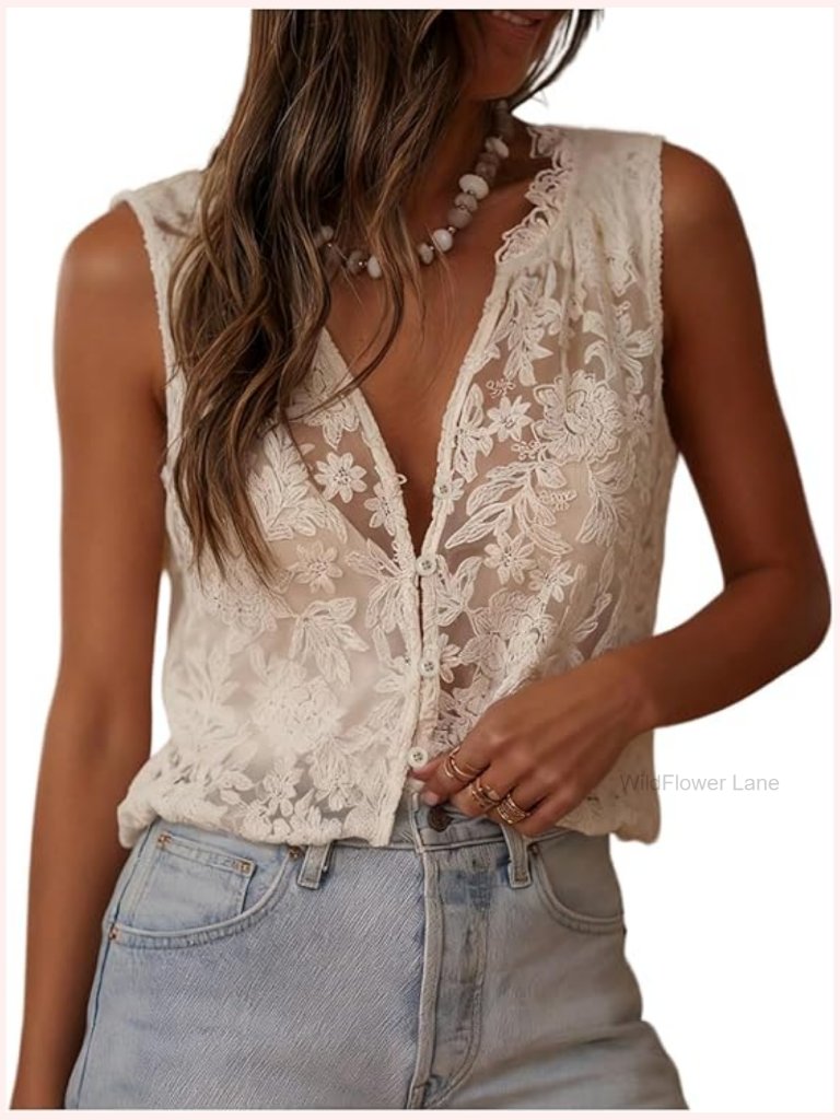 Sheer Mesh Lace Button Up Tank Vest Sleeveless Embroidered Boho Blouse Top